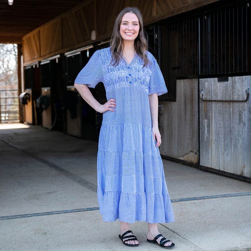 Cactus and Pearl Medium Striped Blue and White Dress